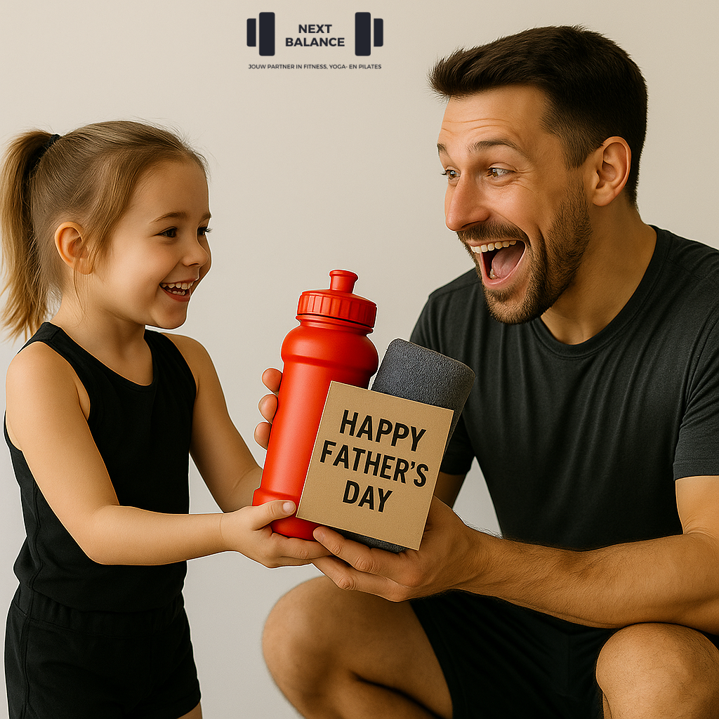 Vader en kind in sportoutfit met fitness accessoires – Vaderdagactie met 15% korting en gratis handdoek bij Next Balance